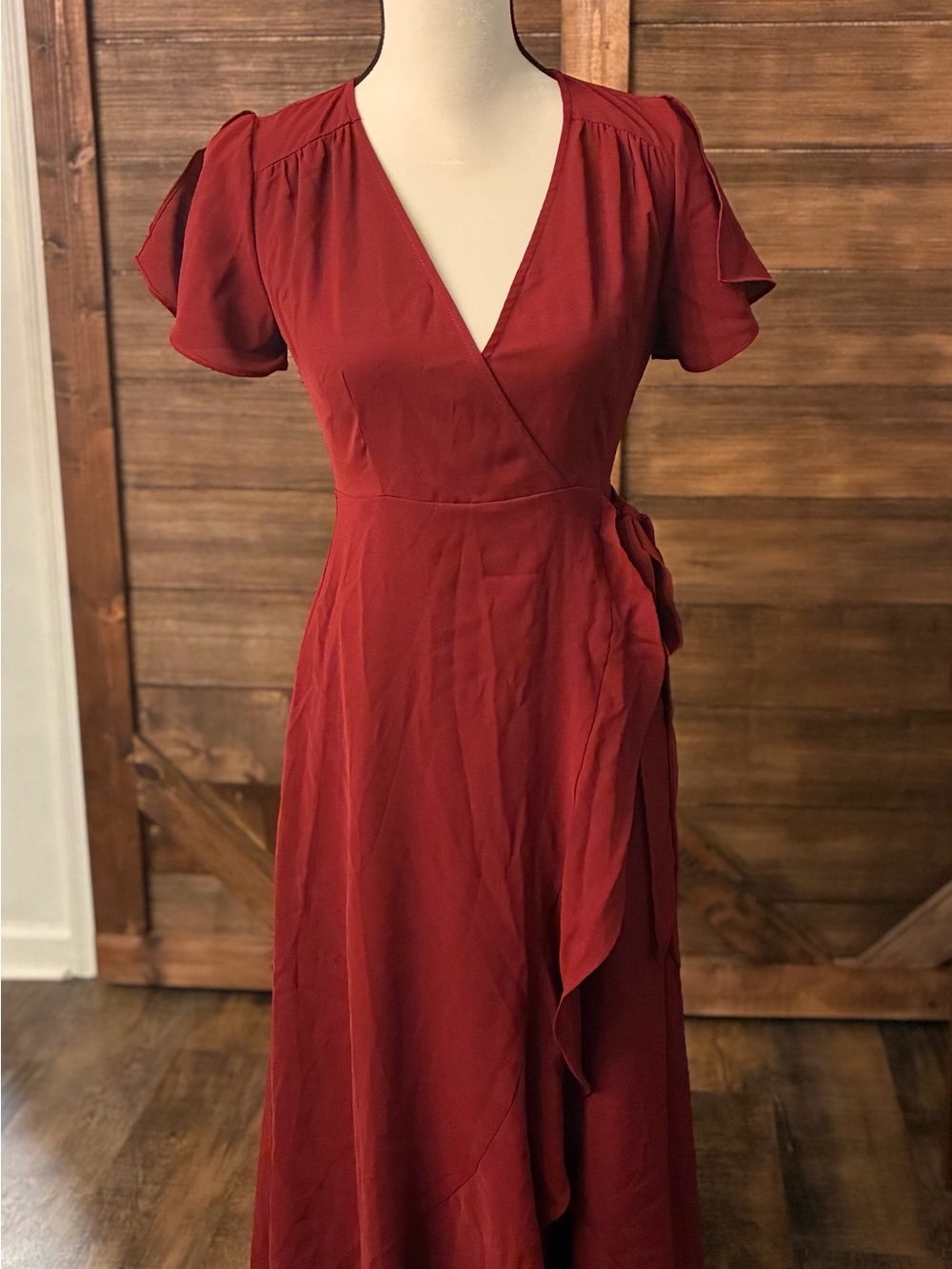 Altar'd State Deep Rust Wrap Maxi Dress with Flutter Sleeves